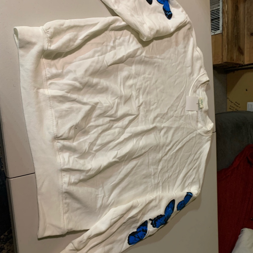 White Sweatshirt and pants with Blue Butterfly Accents